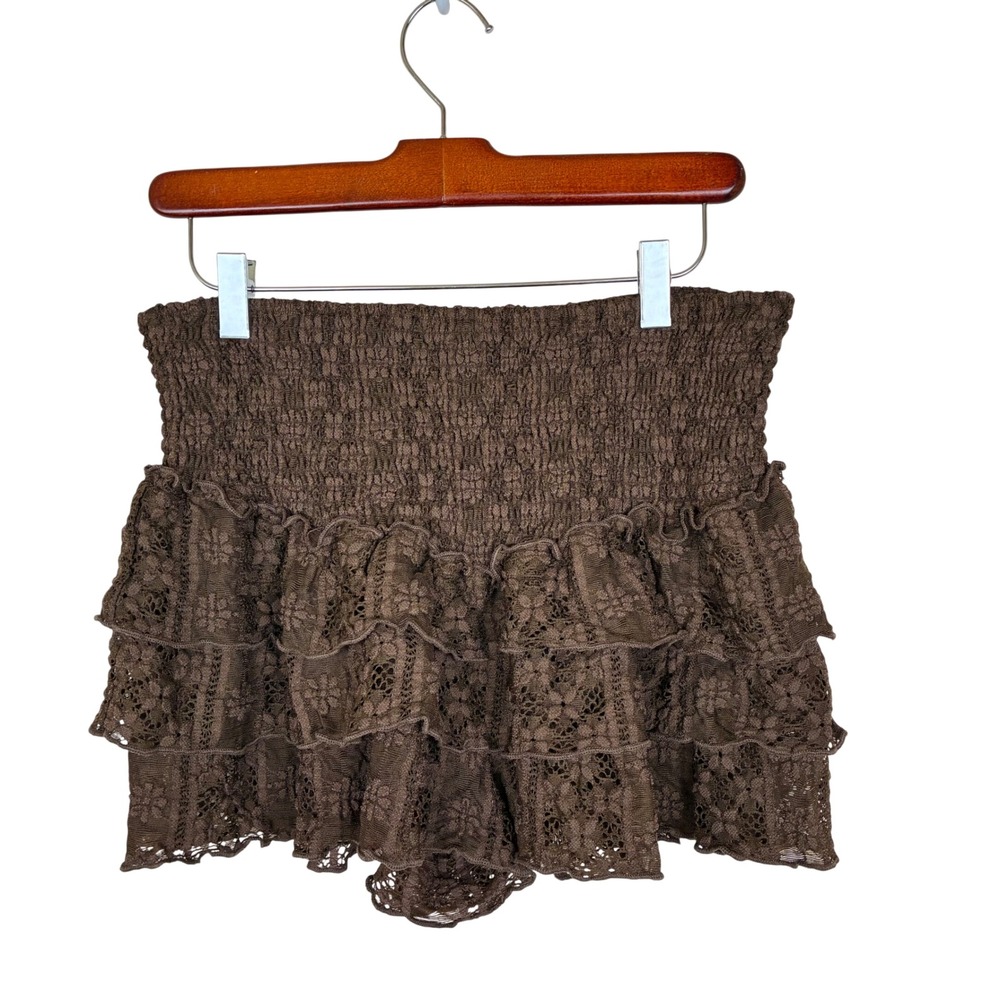 Womens Bloomers Shorts XL Ruffle Lace Brown Coquette Fairy Grunge Micro Hot Pant